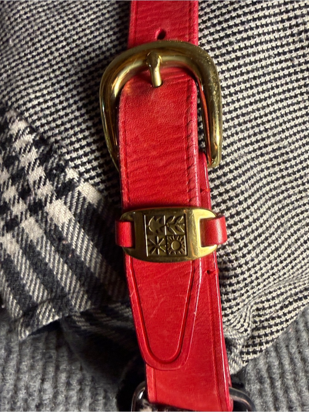 VTG Mixed Plaid & Houndstooth Wool Shoulder Bag with Vibrant Red Leather Strap - Picture 5 of 11